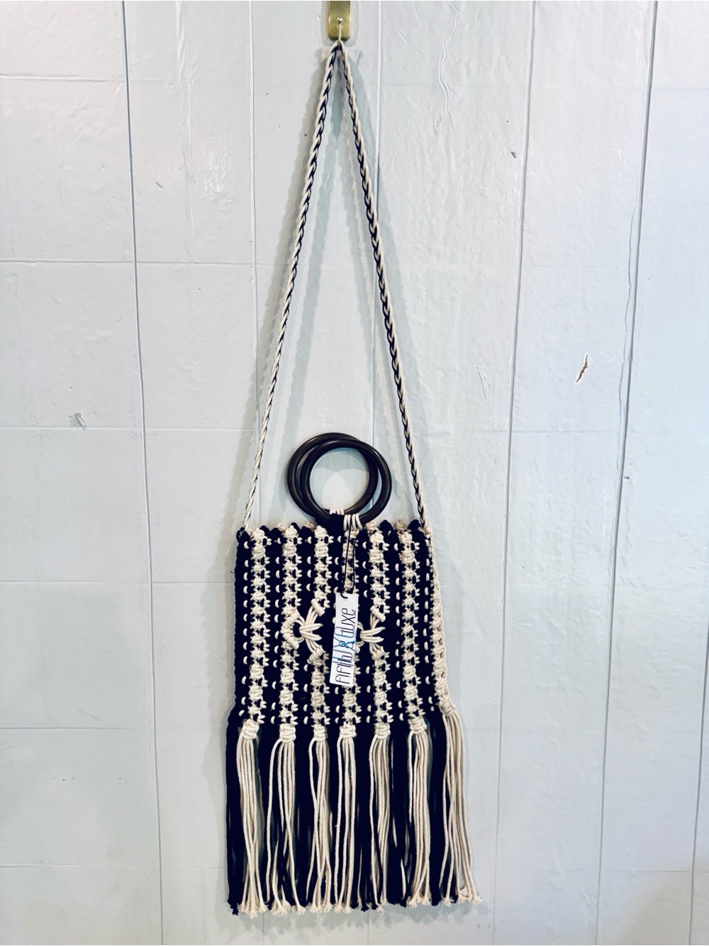 Luxe Black & Cream Macramé Fringe Crossbody Bag Faux Wood Handles